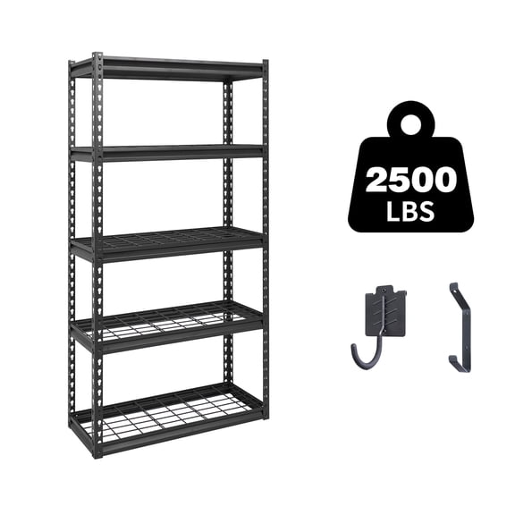 The Atlas 60"H Heavy Duty Garage Shelving, 5-Tier Metal Shelving Unit, Adjustable Storage Rack, Industrial Strength Shelves for Heavy Tools and Equipment, Black, Load 2500 lbs