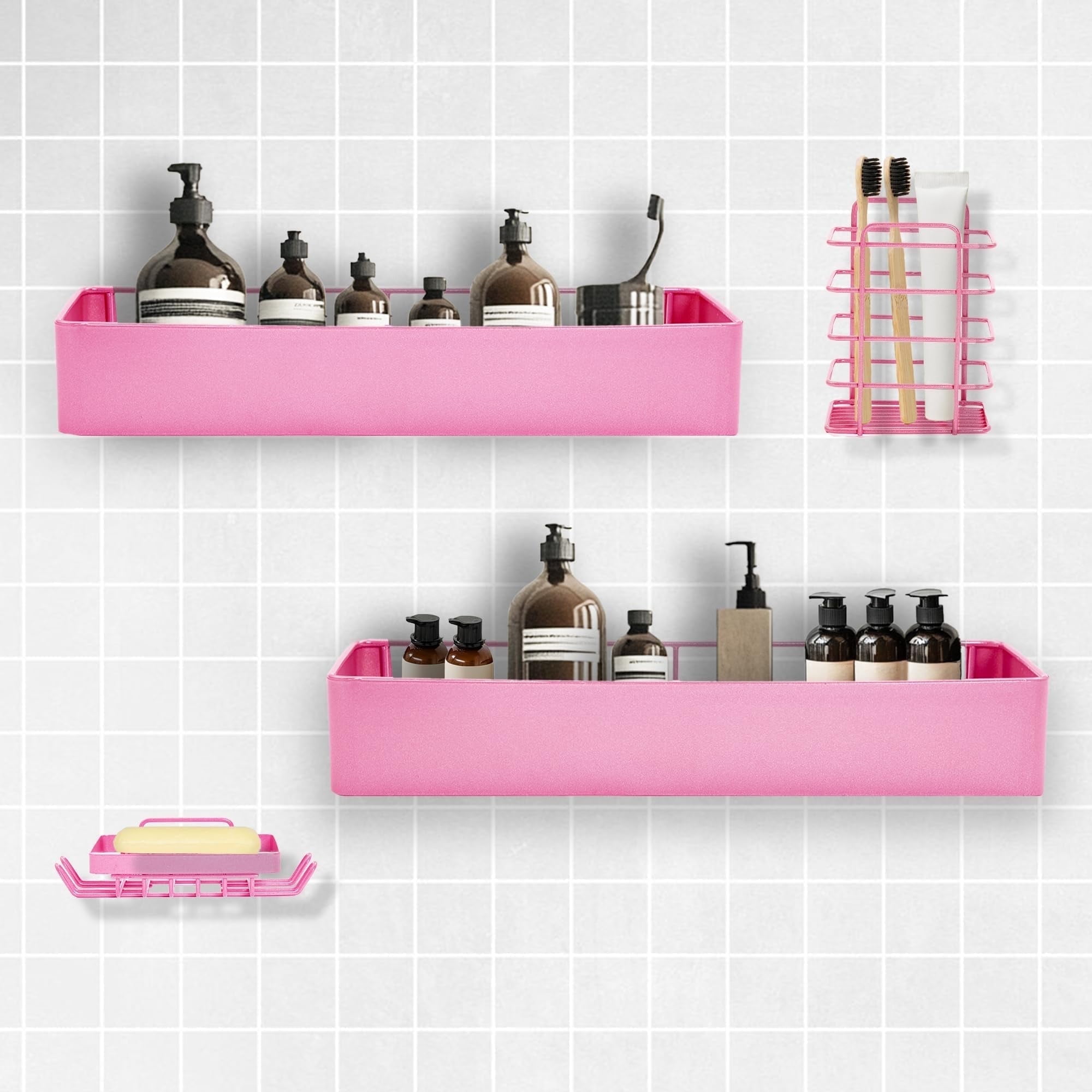 Shuntong Premium Shower Caddy, Adhesive Bathroom Shower Organizer and Storage, No Drill Shower Shelves for Inside Shower, Rustproof Shower Storage Rack 4 Pack Pink