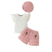 Shunvnny Baby Girl Summer Outfits Ruffle Sleeve Ribbed Tops + Tweed Shorts + Hat Set Toddler 3Pcs Clothes