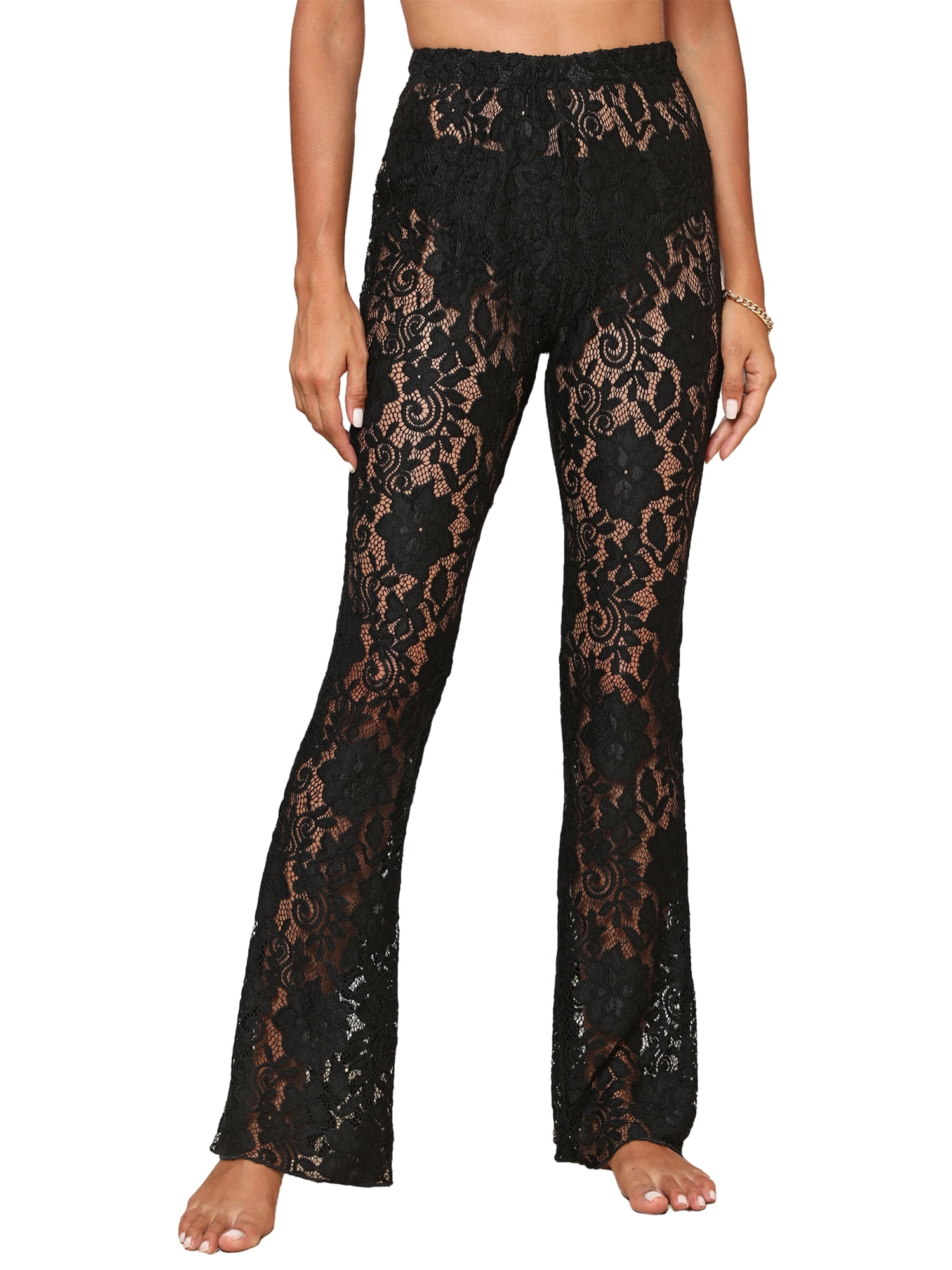 Shunvnny Black Lace Bell Bottom Flare Pants for Women High Waisted 