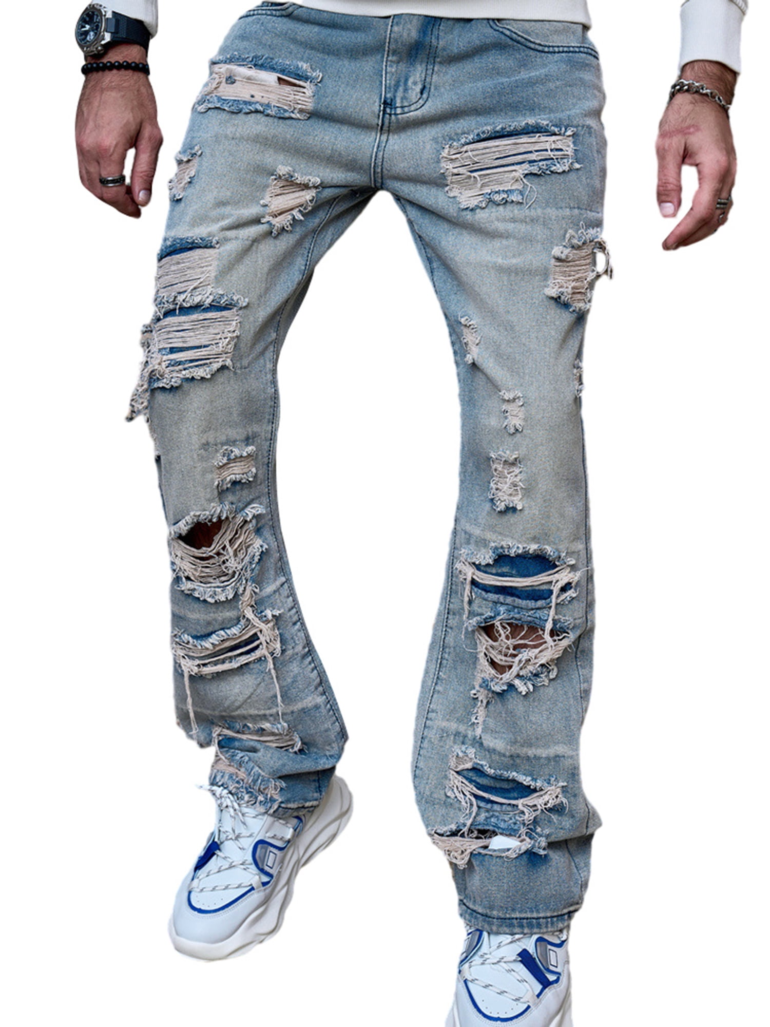 Shunvnny Men Ripped Distressed Denim Pants Mid Waist Shunvnny Men Ripped Distressed Denim Pants Mid Waist
