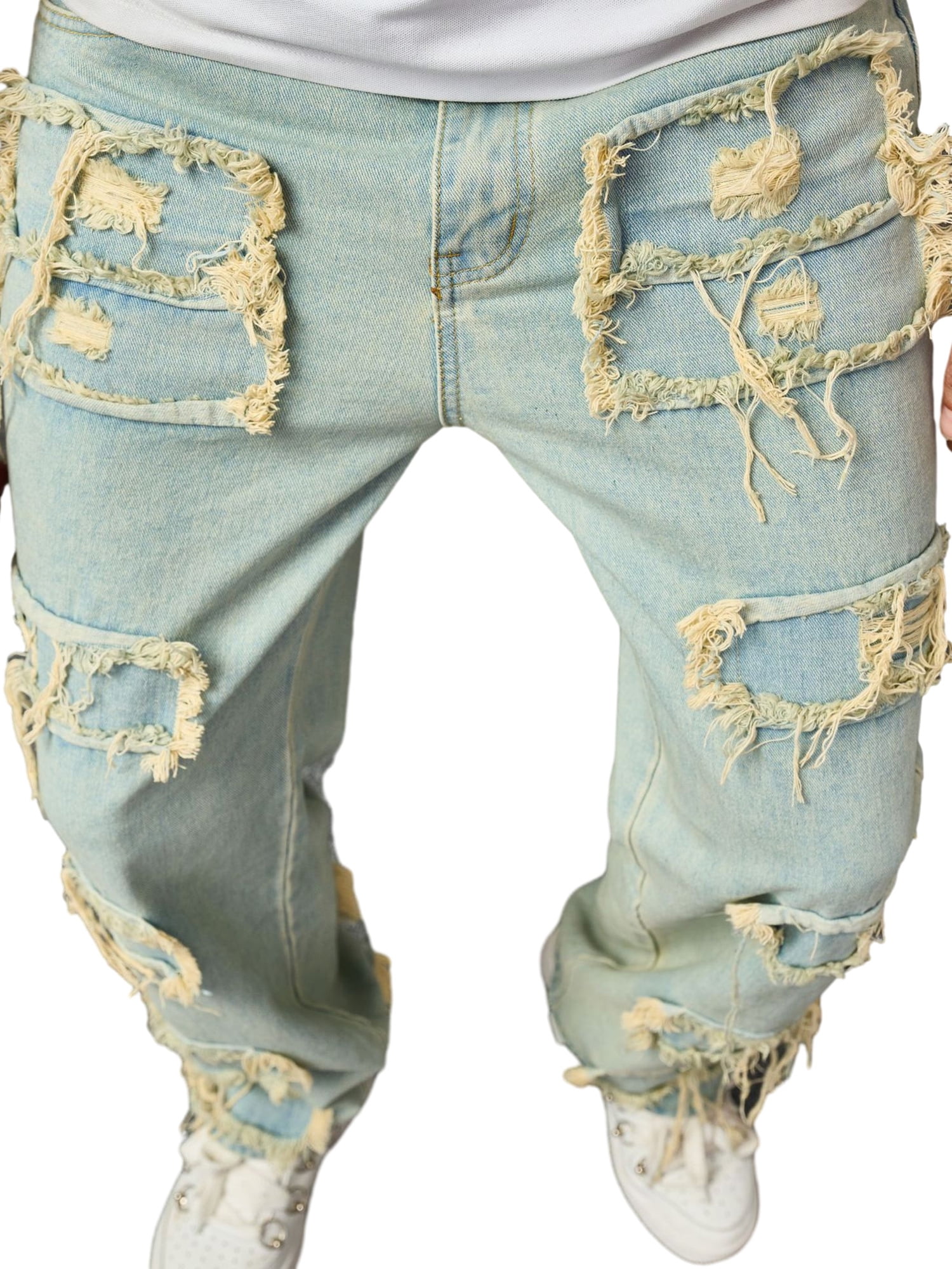 Shunvnny Men Ripped Distressed Denim Pants Mid Waist Shunvnny Men Ripped Distressed Denim Pants Mid Waist