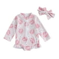 thumbnail image 1 of Shunvnny Toddler Baby Girls One Piece Swimsuits Flower Ice Cream Print Long Sleeve Round Neck Ruffle Zip Up Swimwear Infant Girls Bathing Suit Beachwear, 1 of 9