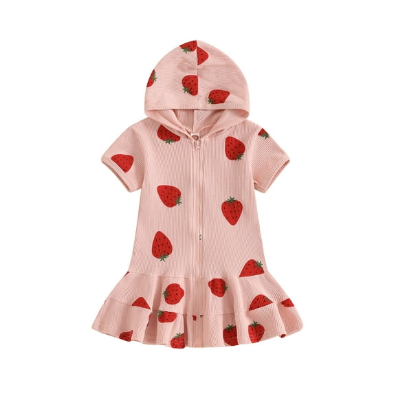 Shunvnny Toddler Baby Girls Swim Cover Up Beach Strawberry/Floral Print Beachwear 12M 18M 24M 3T 4T 5T Kids Zip Up Short Sleeve Hooded Waffle Bathing Suit Wraps