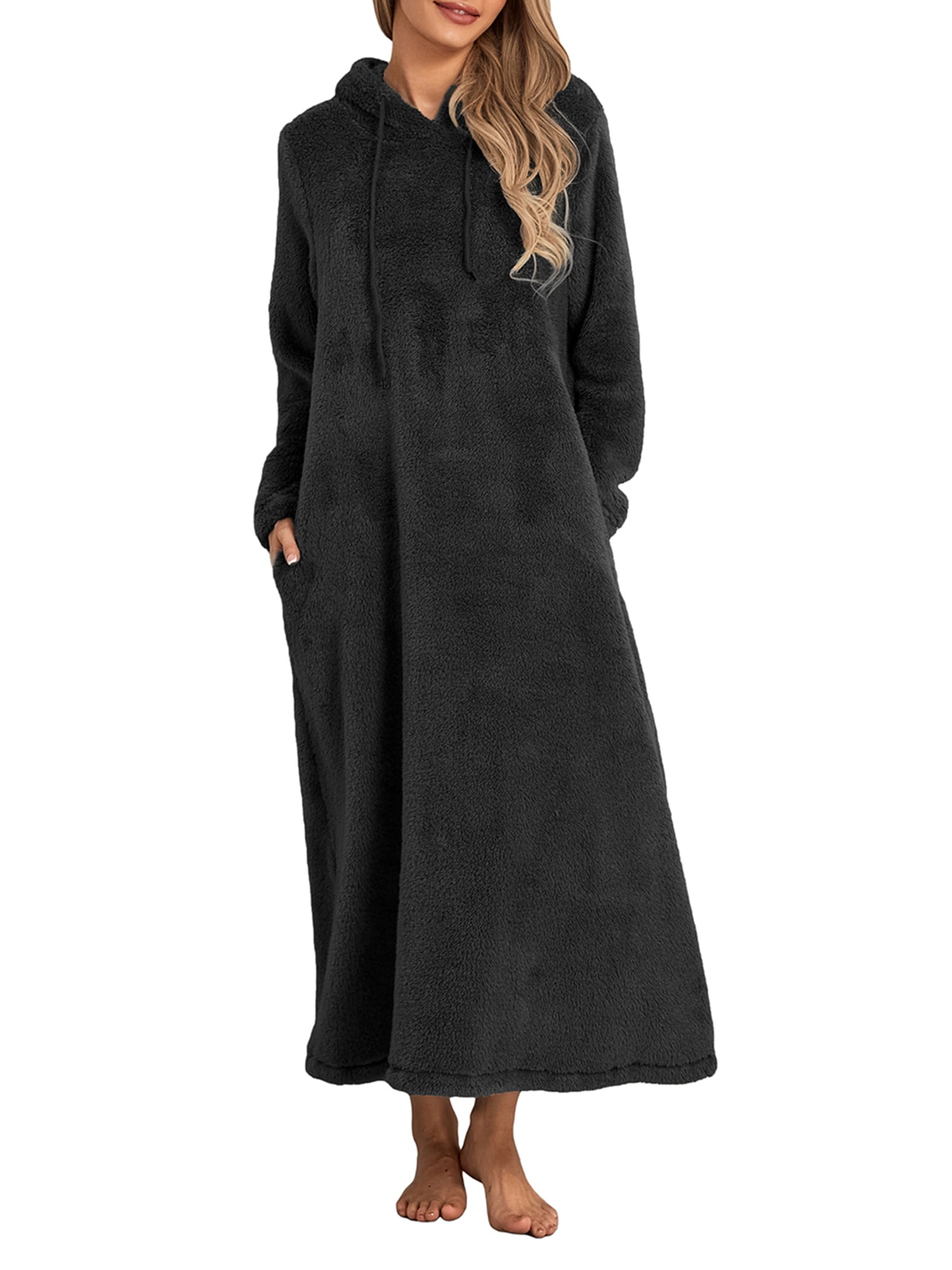 Shunvnny Women Fleece Hoodie Robe Nightgown Long Sleeve Full Length
