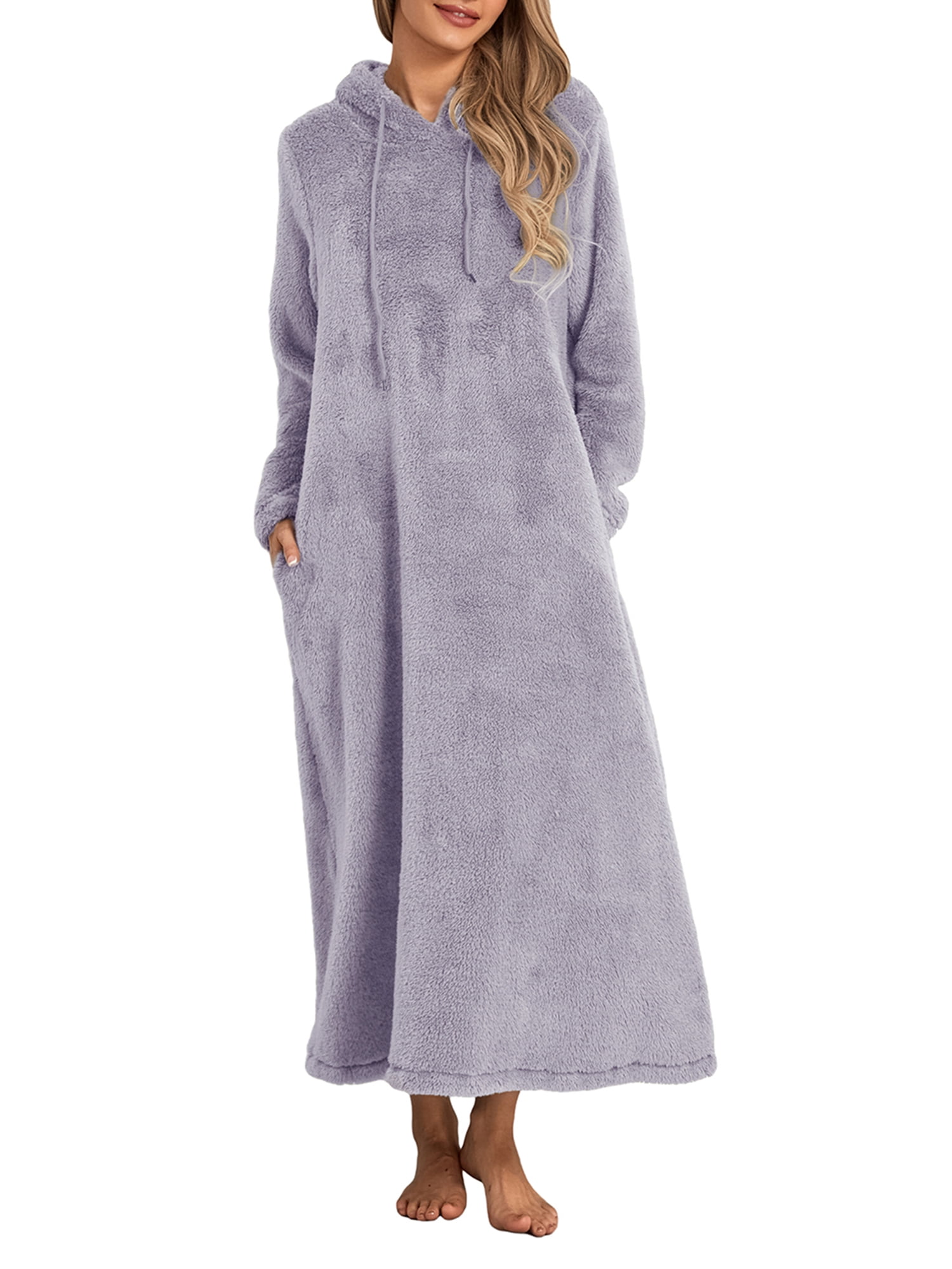 Shunvnny Women Fleece Hoodie Robe Nightgown Long Sleeve Full Length