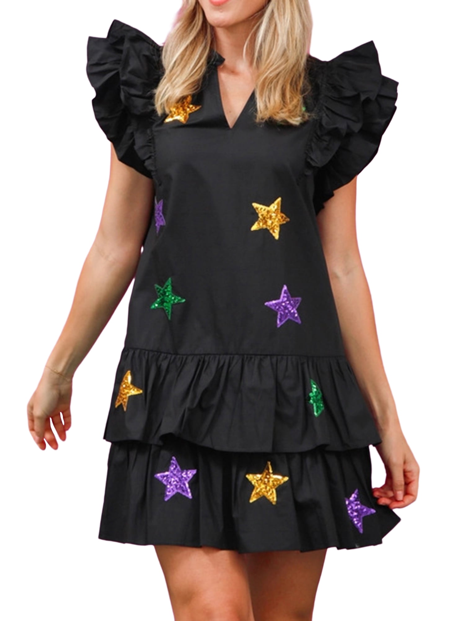 Shunvnny Women Layered Ruffle Mini Dress Solid Color Short Sleeve Star