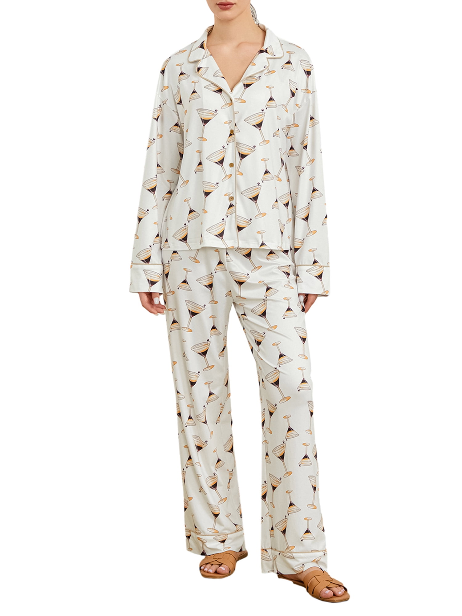 Shunvnny Women's 2 Piece Pajama Set Long Sleeve Lapel Button Up Shirt