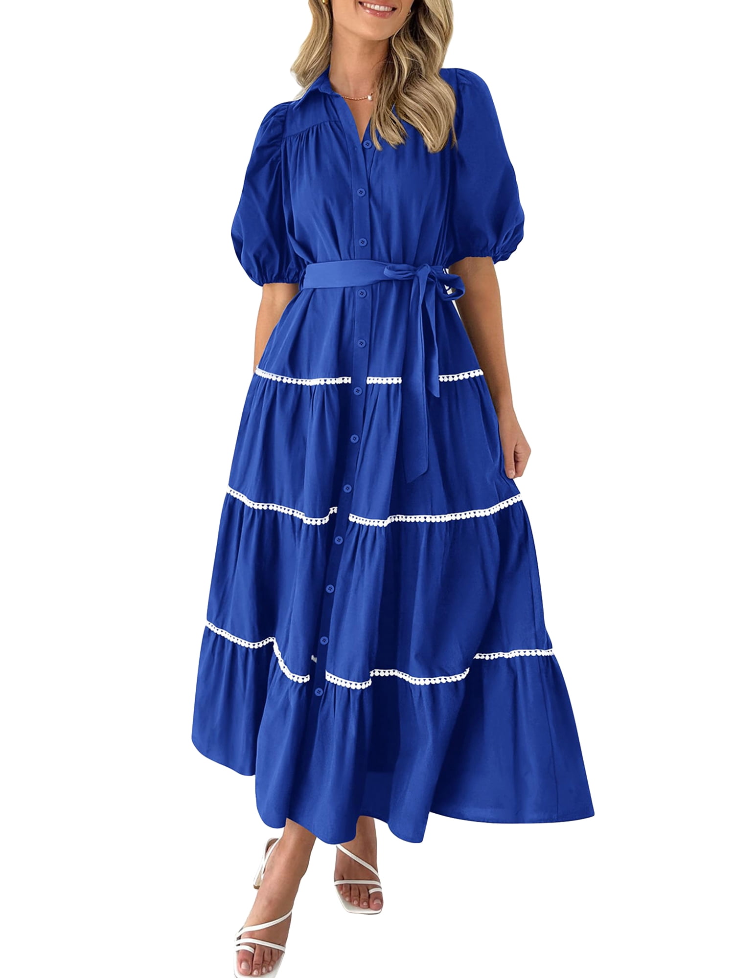 Women's Summer Puffy Sleeve Button-Down Maxi Dress | Tiered Ruffle Flowy Long Dress - Light Blue