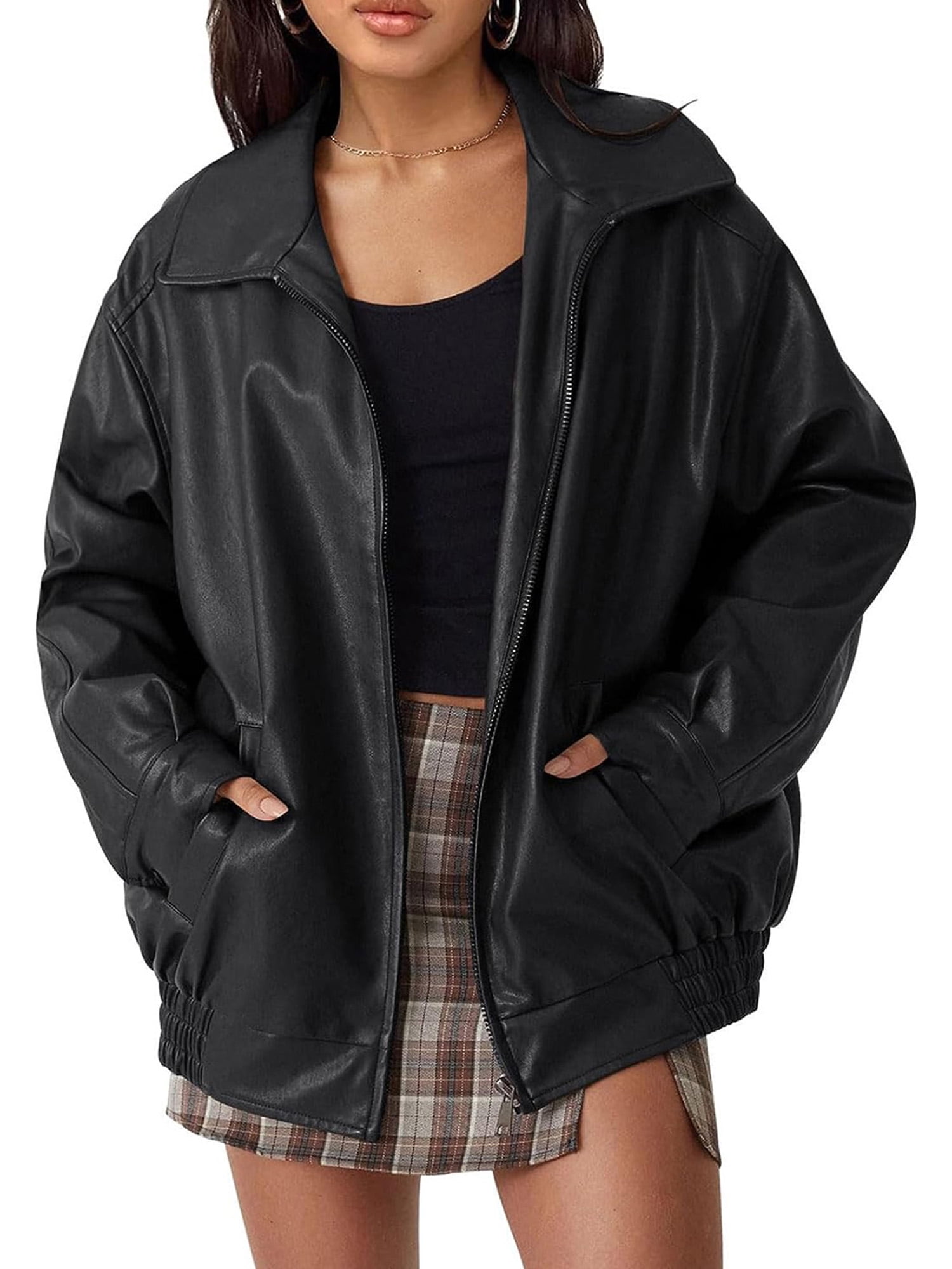 Shunvnny Women's Oversized Jackets Faux Leather Shacket Long Sleeve