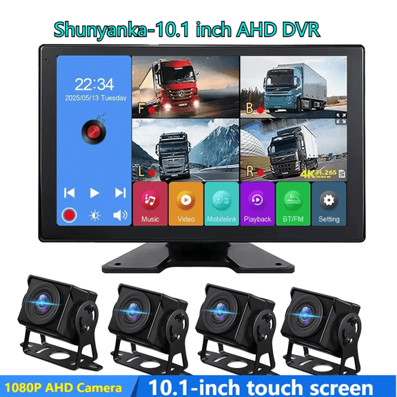 Shunyanka 10.1 inch Touch Screen 4 Ch Split Screen Car MP5 DVR Monitor with BT FM AHD 1080P Camera Can Swivel for RV/Truck/Bus