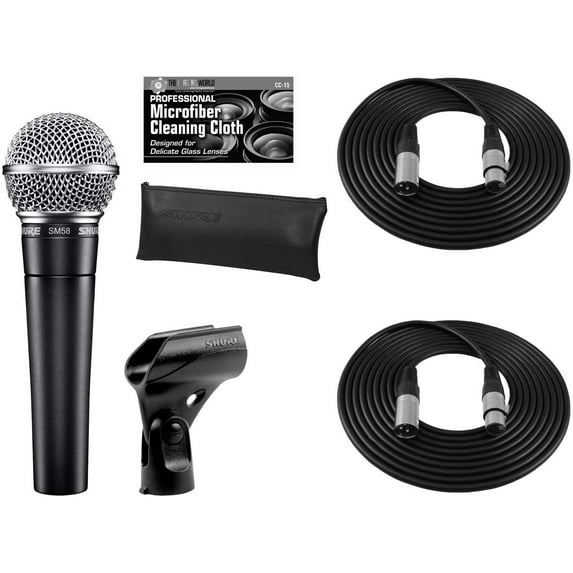 Shure SM58-LC Cardioid Dynamic Vocal Microphone + Extra Two 2 XLR Cables Bundle