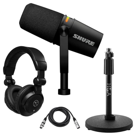 Shure MV7 Dynamic Unidirectional Dual XLR/USB Podcasting Microphone, Black Bundle with H&A Telescoping Tabletop Microphone Stand, Microphone Cable, TAPH500 Pro Closed-Back Studio Headphones