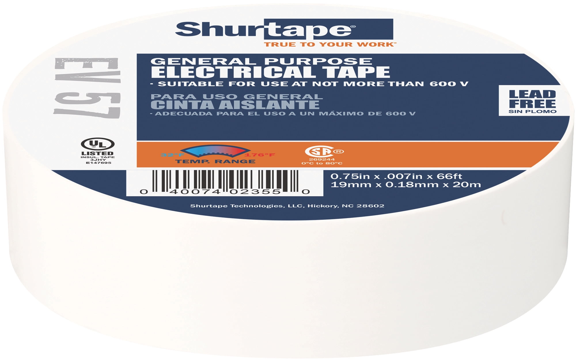 Shurtape-200783 EV 57 General Purpose Grade, UL Listed Electrical Tape - White - 3/4in x 66ft - 1 Roll