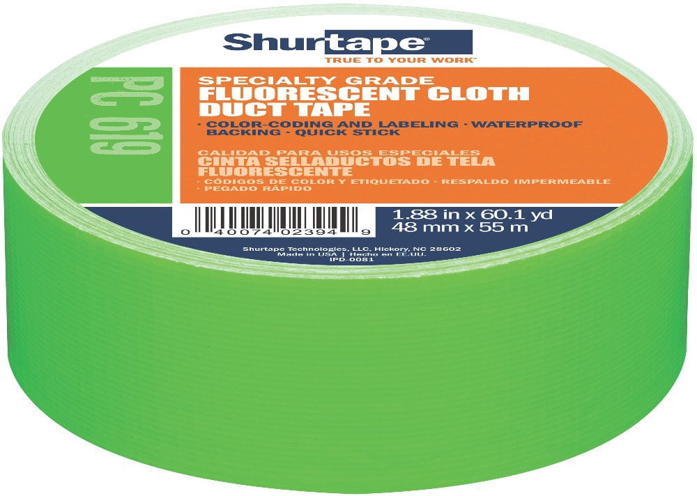 Shurtape PC 619 Specialty Grade, Fluorescent Cloth Duct Tape, Hi-Visibility Social Distancing Marking, 48mm x 55m, Fluorescent Green, 1 Roll (166122) CA1
