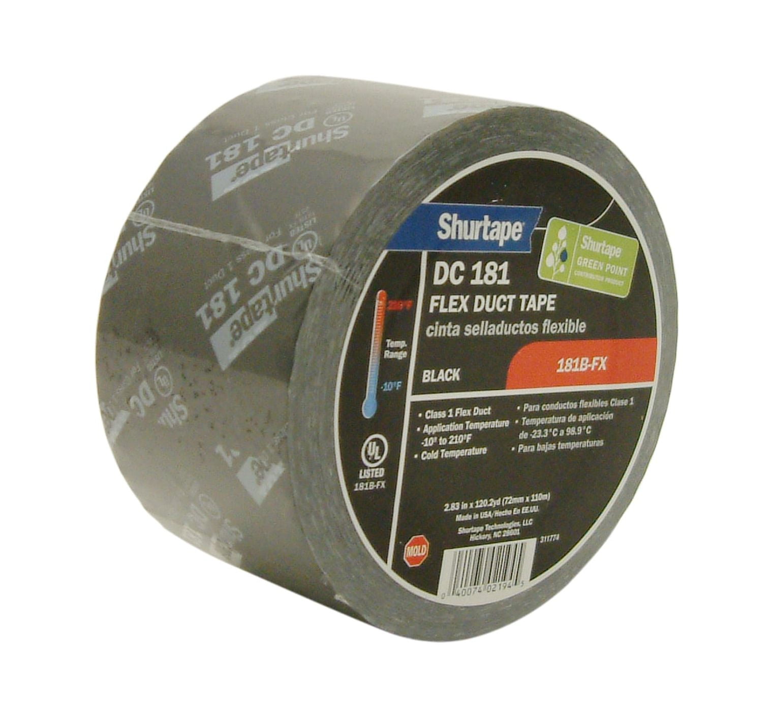 Shurtape UL 181B-FX Listed Film Tape [for Flex Ducts] (DC-181): 3 in. x 120 yds. (Black with White printing)