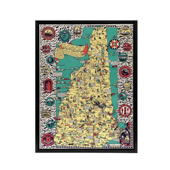 Shurtleff 1926 New Hampshire Pictorial Map Black Framed Canvas Art Print 12X16"
