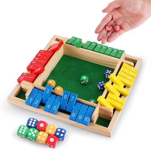 Shut The Box Dice Game,4-Players Wooden Board Game with 8 Dices,Family Math Games for Kid and Adult,Perfect Tabletop Game for Classroom,Home,Pub and Party