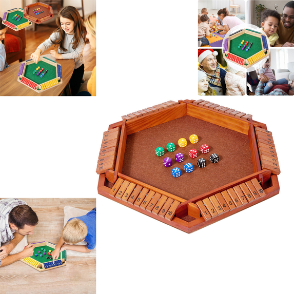 Shut The Box Game for 6 Player with 12 Dice, Hexagonal Wooden Shut The Box with Felt Surface, 12 Colorful Dice Math Game for Kids Adults Home Party-Brown 9.84 In