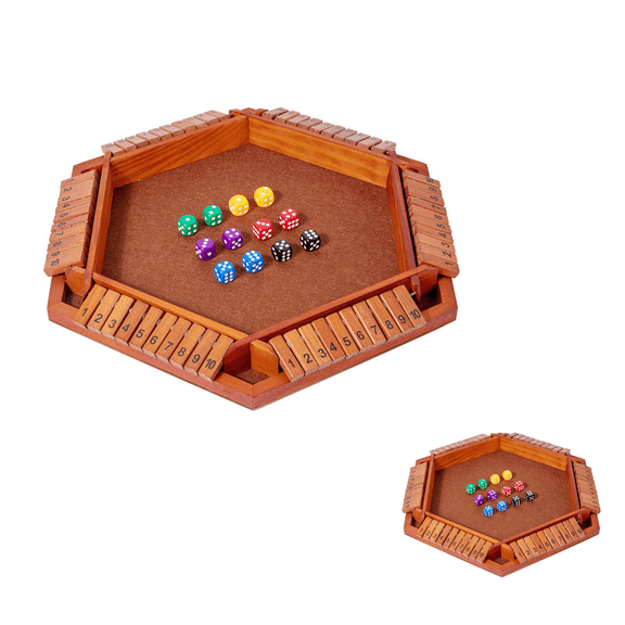 Shut The Box Game for 6 Player with 12 Dice, Wooden 6-Sided Number Flip Board, Math Learning Dice Game for Family Party, Classroom & Travel-Brown 9.84 In