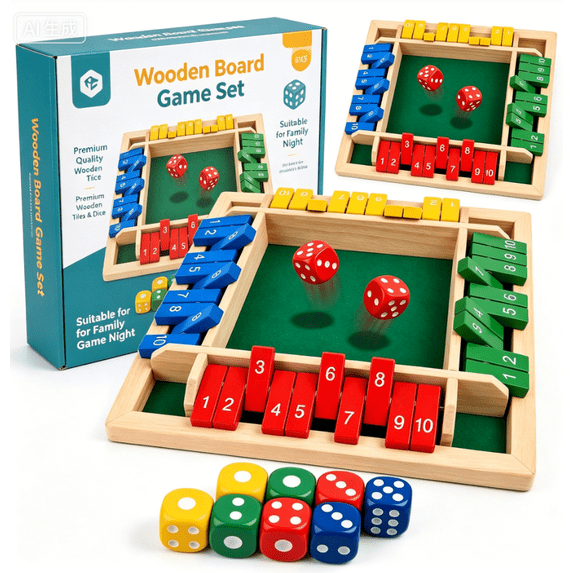 Shut The Box-Wooden Dice Board Game, Funny Family Shut The Box Game 2-4 Player, Board Games Gift for Family and Friends, Educational Table Math Games for Holiday, Party and Classroom