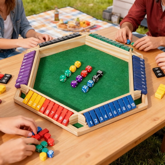 Shut The Box Hexagonal Dice Game - Wooden Board with 6-Color 1-10 Tiles,Perfect for 6-Player Family Gatherings,Parties & Math Enlightenment