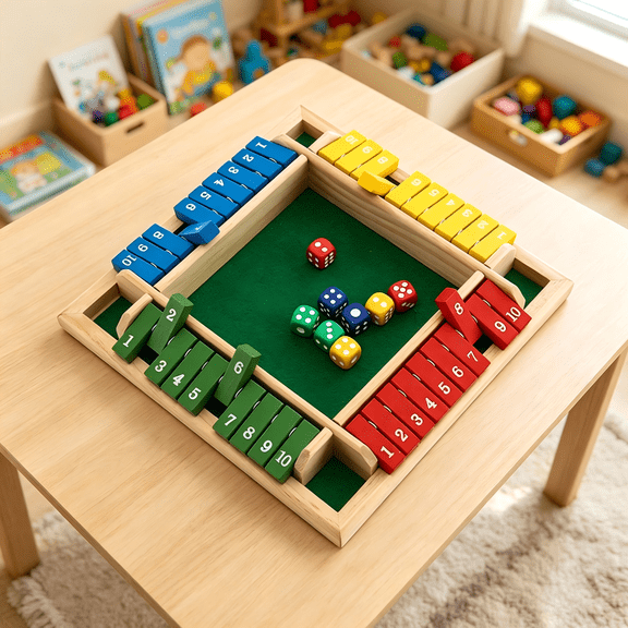Shut the Box Wooden Dice Game for Four Players with Numbered Tiles and Dice for Family Math Learning and Classroom Activity Use