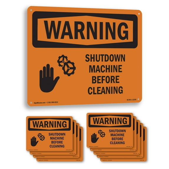 Shutdown Machine Before Cleaning With Symbol OSHA WARNING Rigid Plastic Sign 18 Inch x 12 Inch - 10 Pack