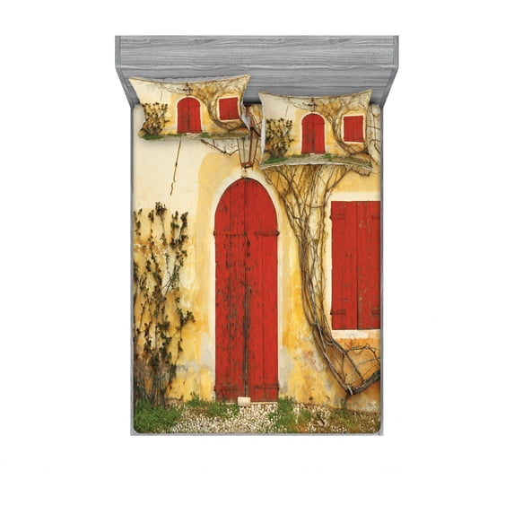 Shutters Bedding Set with Sheet & Covers, Doorway with Blinded Door and Window to the Rural Tuscan House Italy Europe, Printed Bedroom Decor 2 Shams, 4 Sizes, Beige Yellow Red, by Ambesonne