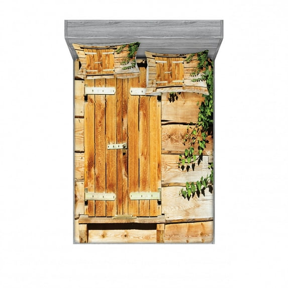 Shutters Bedding Set with Sheet & Covers, Facade of an Old Building Wooden Shutters Traditional House Summer Plants Nature, Printed Bedroom Decor 2 Shams, 4 Sizes, Beige Green, by Ambesonne