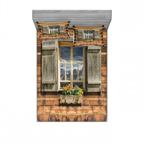 Shutters Bedding Set with Sheet & Covers, Weathered Facade of a Mountain Hut with Summer Mountain Reflections on Window, Printed Bedroom Decor 2 Shams, 4 Sizes, Brown Green, by Ambesonne