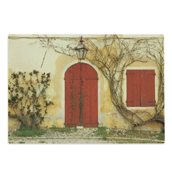 Shutters Cutting Board, Doorway with Blinded Door and Window to the Rural Tuscan House Italy Art, Decorative Tempered Glass Cutting and Serving Board, Large Size, Yellow Beige Red, by Ambesonne