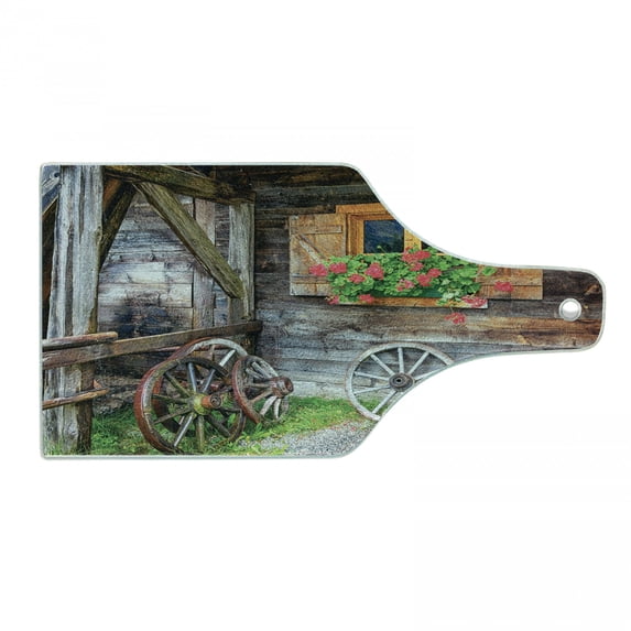 Shutters Cutting Board, Weathered Window with Flowers in Pot Wheels Farmhouse Rural Scene Front View, Tempered Glass Cutting and Serving Board, Wine Bottle Shape, Brown Green Red, by Ambesonne