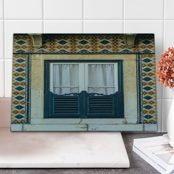 Shutters Cutting Board, Window of Old Architecture in Lisbon Portugal Touristic Town Cultural Nostalgic, Decorative Tempered Glass Cutting and Serving Board, Large Size, Teal Orange, by Ambesonne