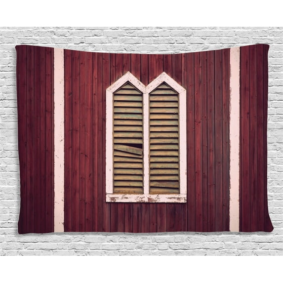 Shutters Decor Tapestry, Window Frame with Shutters on Wooden Wall Vintage Style Artwork Print, Wall Hanging for Bedroom Living Room Dorm Decor, 60W X 40L Inches, Burgundy Pink , by Ambesonne