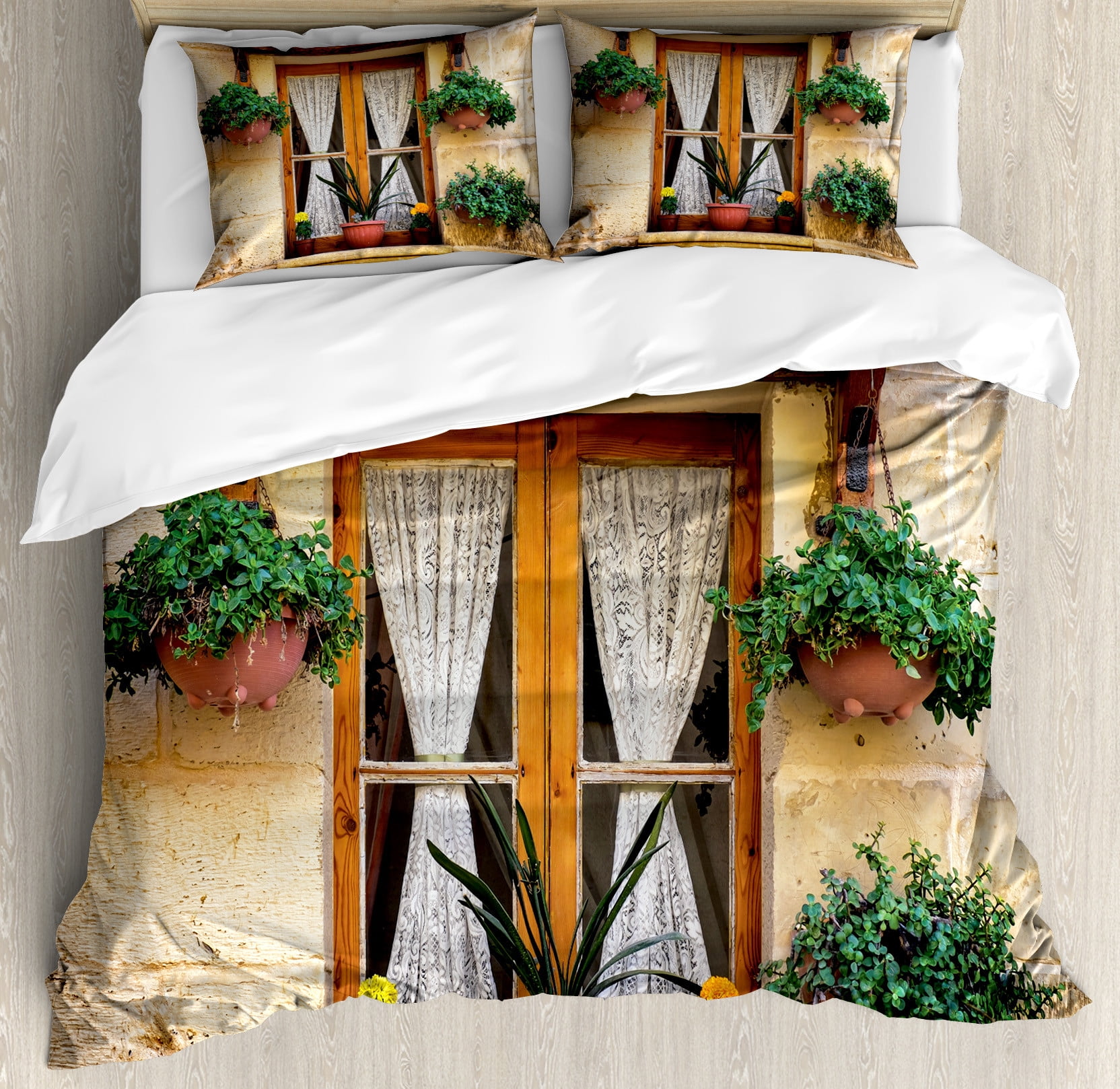 Window Bedding Shutters Duvet Cover Set, Basket of Flowers Historic Building Window ...