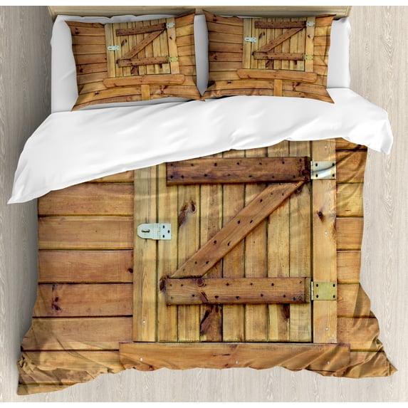 Shutters Duvet Cover Set, Closed Wooden Shutters Plank Rough Grunge Countryside Classical Design Print, Decorative 3 Piece Bedding Set with 2 Pillow Shams, Queen Size, Brown Pale Brown, by Ambesonne