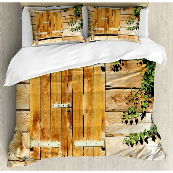 Shutters Duvet Cover Set, Facade of an Old Building Wooden Shutters Traditional House Summer Plants Nature, Decorative 3 Piece Bedding Set with 2 Pillow Shams, Queen Size, Beige Green, by Ambesonne