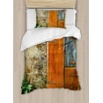 thumbnail image 1 of Shutters Duvet Cover Set, Old Fashion Country House French Entrance Stone Wall Farmhouse Picture Print, Decorative 2 Piece Bedding Set with 1 Pillow Shams, Twin Size, Orange Green, by Ambesonne, 1 of 3