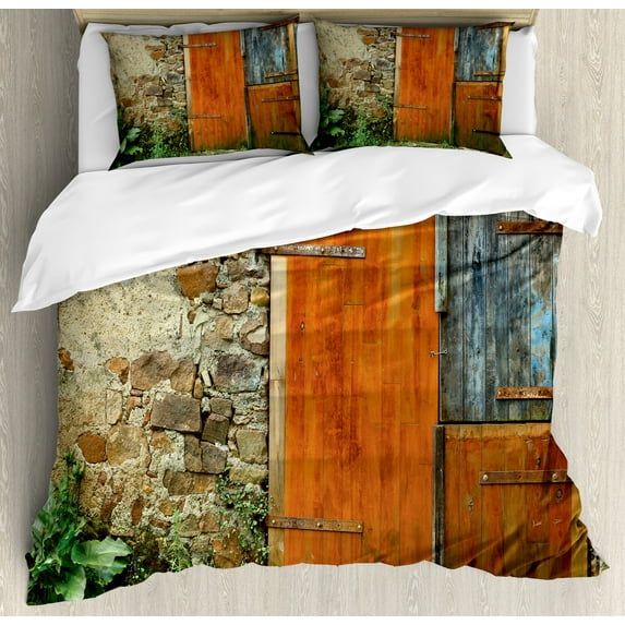 Shutters Duvet Cover Set, Old Fashion Country House French Entrance Stone Wall Farmhouse Picture Print, Decorative 3 Piece Bedding Set with 2 Pillow Shams, King Size, Orange Green, by Ambesonne