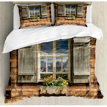 Shutters Duvet Cover Set, Weathered Facade of a Mountain Hut with Summer Mountain Reflections on Window, Decorative 3 Piece Bedding Set with 2 Pillow Shams, Calking Size, Brown Green, by Ambesonne