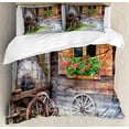 thumbnail image 1 of Shutters Duvet Cover Set, Weathered Window with Flowers in Pot Wheels Farmhouse Rural Scene Front View, Decorative 3 Piece Bedding Set with 2 Pillow Shams, Queen Size, Brown Green Red, by Ambesonne, 1 of 3