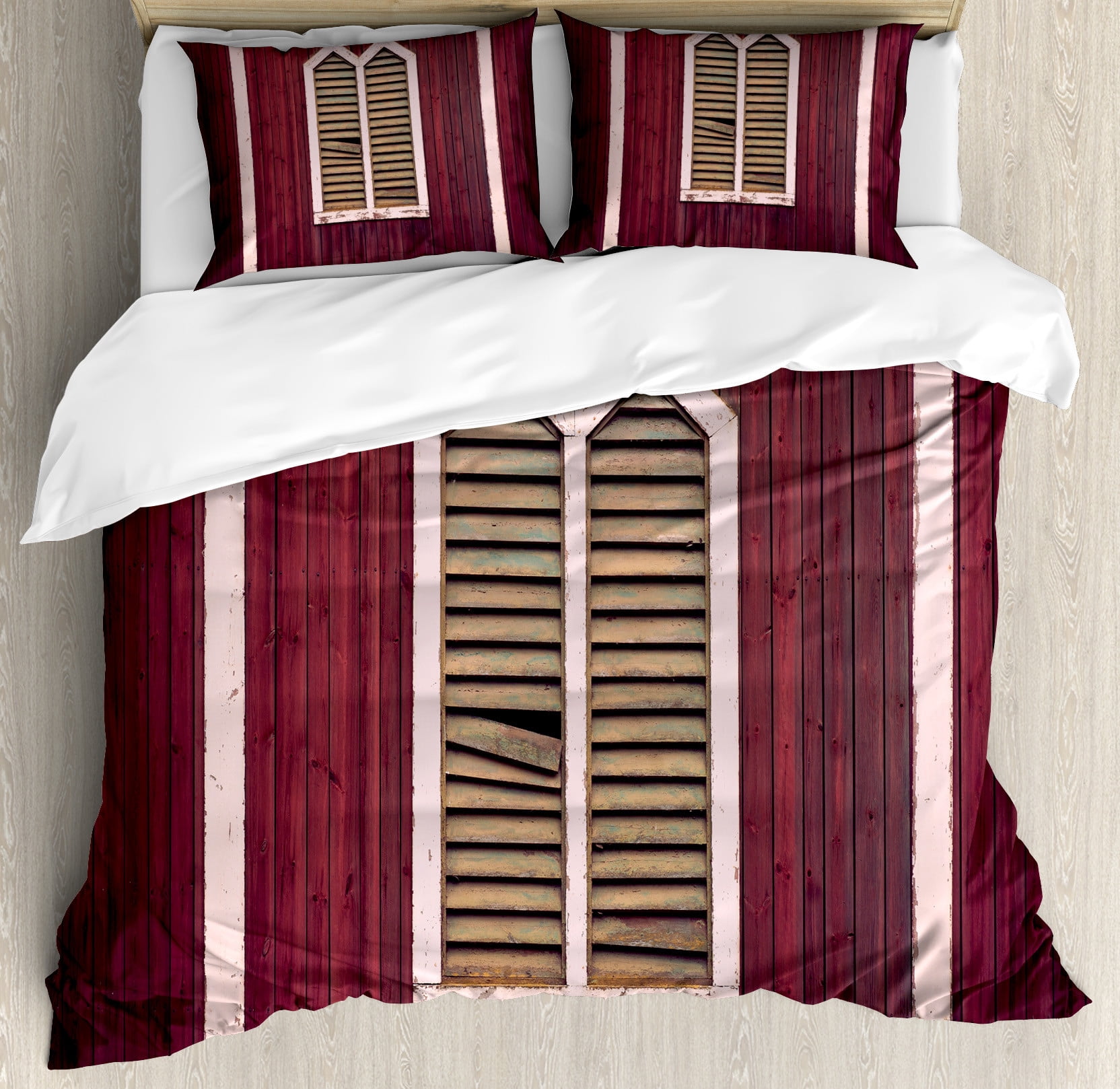 Window Bedding Shutters Duvet Cover Set, Window Frame with Shutters on a Wooden Wall ...