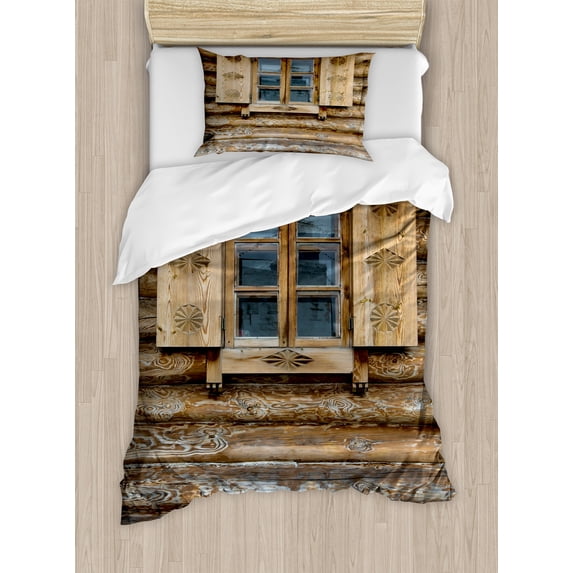 Shutters Duvet Cover Set, Windows Patterned on the Wall of the Old Wooden House Cottage Print, Decorative 2 Piece Bedding Set with 1 Pillow Shams, Twin Size, Brown Beige, by Ambesonne
