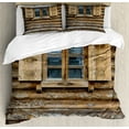 thumbnail image 1 of Shutters Duvet Cover Set, Windows Patterned on the Wall of the Old Wooden House Cottage Print, Decorative 3 Piece Bedding Set with 2 Pillow Shams, Calking Size, Brown Beige, by Ambesonne, 1 of 3