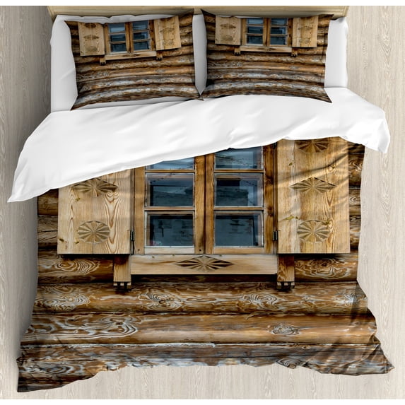 Shutters Duvet Cover Set, Windows Patterned on the Wall of the Old Wooden House Cottage Print, Decorative 3 Piece Bedding Set with 2 Pillow Shams, King Size, Brown Beige, by Ambesonne