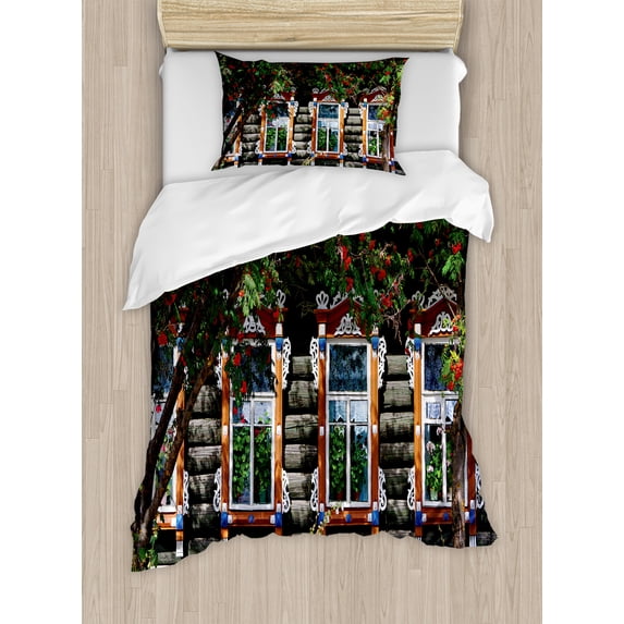 Shutters Duvet Cover Set, Wooden House with Shutter at Windows Fence Flower Trees Blooms Dream Art, Decorative 2 Piece Bedding Set with 1 Pillow Shams, Twin Size, Red Green Brown, by Ambesonne