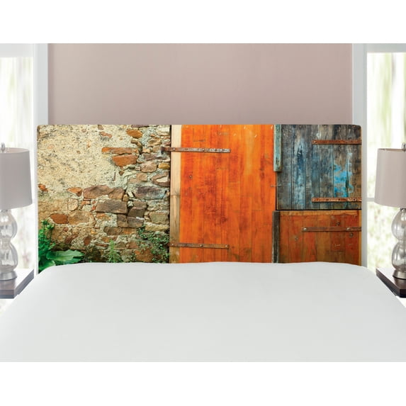 Shutters Headboard, Old Fashion Country House French Entrance Stone Wall Farmhouse Picture Print, Upholstered Decorative Metal Bed Headboard with Memory Foam, Full Size, Orange Green, by Ambesonne