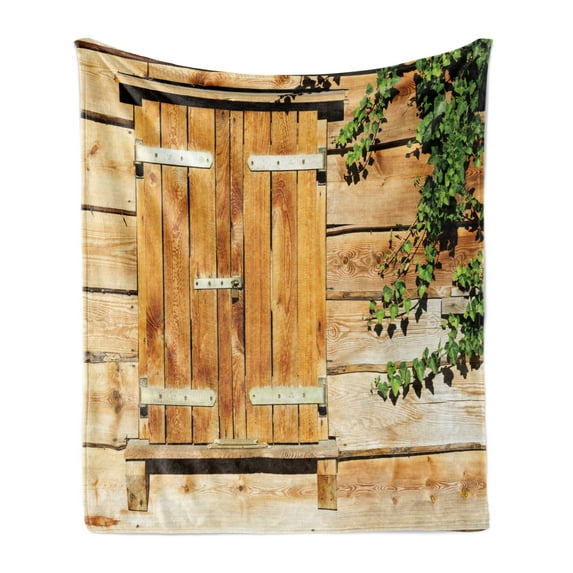 Shutters Soft Flannel Fleece Blanket, Facade of an Old Building Wooden Shutters Traditional House Summer Plants Nature, Cozy Plush for Indoor and Outdoor Use, 60" x 80", Beige Green, by Ambesonne