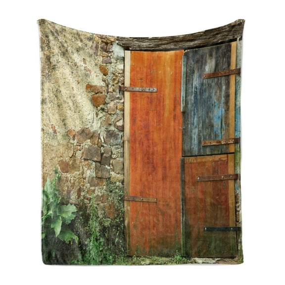 Shutters Soft Flannel Fleece Throw Blanket, Old Fashion Country House French Entrance Stone Wall Farmhouse Picture Print, Cozy Plush for Indoor and Outdoor Use, 70" x 90", Orange Green, by Ambesonne